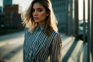 AI generated Stunning beautiful young woman with high contrast shadow and fashionable style photo