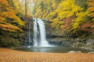 AI generated Waterfall in autumn forest landscape background. Pro Photo