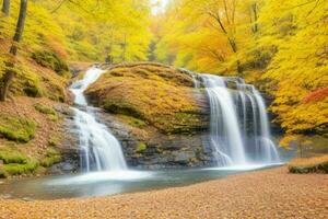 AI generated Waterfall in autumn forest landscape background. Pro Photo