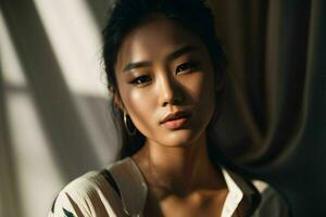 AI generated Stunning beautiful young Asian woman with high contrast shadow and fashionable style. Pro Photo