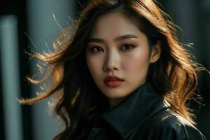 AI generated Stunning beautiful young Asian woman with high contrast shadow and fashionable style. Pro Photo