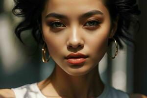 AI generated Stunning beautiful young Asian woman with high contrast shadow and fashionable style. Pro Photo