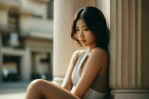 AI generated Stunning beautiful young Asian woman with high contrast shadow and fashionable style. Pro Photo