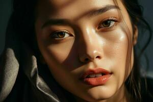 AI generated Stunning beautiful young Asian woman with high contrast shadow and fashionable style. Pro Photo