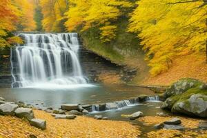 AI generated Waterfall in autumn forest landscape background. Pro Photo