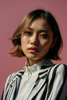 ai generado maravilloso hermosa joven asiático mujer con alto contraste sombra y de moda estilo. Pro foto