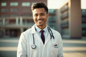 ai generado sonriente joven masculino médico en un blanco abrigo, un estetoscopio a un hospital. Pro foto