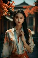 AI generated Stunning beautiful young Asian woman with high contrast shadow and fashionable style. Pro Photo