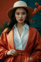 AI generated Stunning beautiful young Asian woman with high contrast shadow and fashionable style. Pro Photo