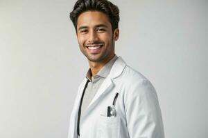 AI generated Smiling young male doctor in a white coat, a stethoscope at a hospital. Pro Photo