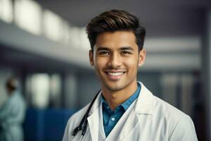 ai generado sonriente joven masculino médico en un blanco abrigo, un estetoscopio a un hospital. Pro foto