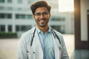 ai generado sonriente joven masculino médico en un blanco abrigo, un estetoscopio a un hospital. Pro foto