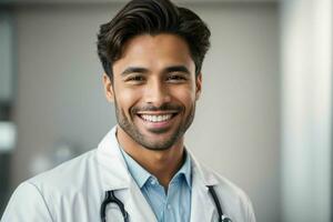 ai generado sonriente joven masculino médico en un blanco abrigo, un estetoscopio a un hospital. Pro foto