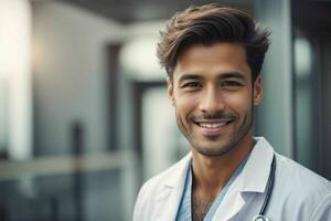 ai generado sonriente joven masculino médico en un blanco abrigo, un estetoscopio a un hospital. Pro foto