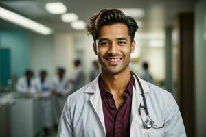 ai generado sonriente joven masculino médico en un blanco abrigo, un estetoscopio a un hospital. Pro foto