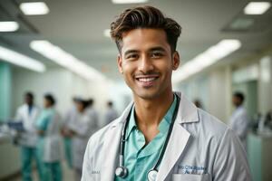 ai generado sonriente joven masculino médico en un blanco abrigo, un estetoscopio a un hospital. Pro foto