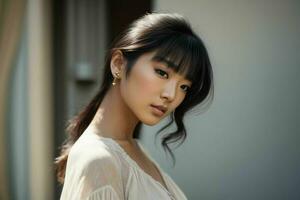 AI generated Stunning beautiful young Asian woman with high contrast shadow and fashionable style. Pro Photo