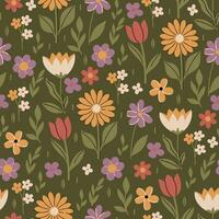 Seamless spring pattern with flowers on a green background. Vector graphics.