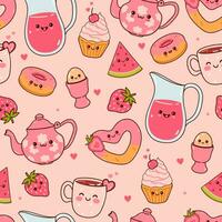 Cute Seamless pattern with kawaii food for breakfast. Vector graphics.