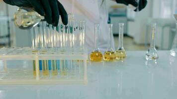 A scientist pours a chemical solution into a test tube during a laboratory experiment. Laboratory experiments. a yellow liquid is poured from a flask into test tubes. Medical research, analysis. Close video