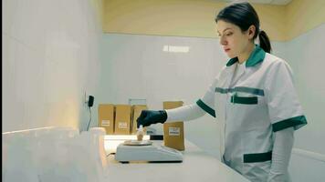 Laboratory Technician Pressing Button. Lab technician in white coat pressing a button on laboratory equipment. video