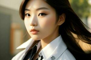 AI generated Stunning beautiful young Asian woman with high contrast shadow and fashionable style. Pro Photo