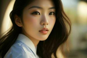 AI generated Stunning beautiful young Asian woman with high contrast shadow and fashionable style. Pro Photo