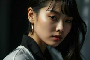 AI generated Stunning beautiful young Asian woman with high contrast shadow and fashionable style. Pro Photo