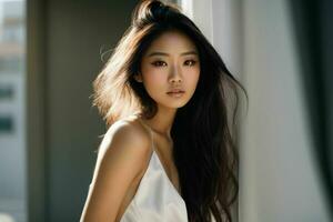 AI generated Stunning beautiful young Asian woman with high contrast shadow and fashionable style. Pro Photo