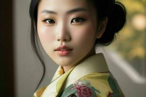 ai generado maravilloso hermosa joven asiático mujer con alto contraste sombra y de moda estilo. Pro foto