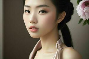 AI generated Stunning beautiful young Asian woman with high contrast shadow and fashionable style. Pro Photo