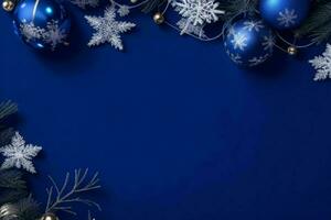 AI generated Blue background. Merry Christmas and New Year banner with Copy space. Pro Photo