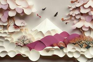 AI generated Japanese nature and landscape paper cut. Pro Photo