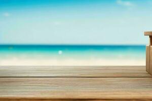 AI generated Empty wooden table top with a blurred seascape summer beach with a blue sky background. Pro Photo