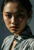 AI generated Stunning beautiful young Asian woman with high contrast shadow and fashionable style. Pro Photo