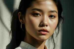 AI generated Stunning beautiful young Asian woman with high contrast shadow and fashionable style. Pro Photo