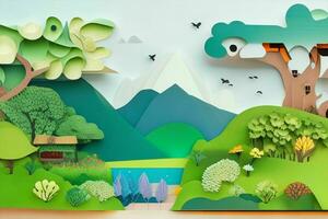 AI generated nature and landscape background paper cut style. Pro Photo