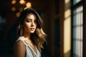 AI generated Stunning beautiful young woman with high contrast shadow and fashionable style photo