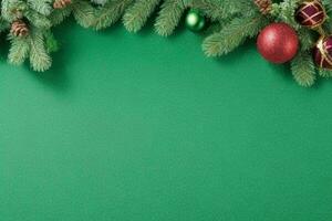 AI generated Green background. Merry Christmas and New Year banner with Copy space. Pro Photo