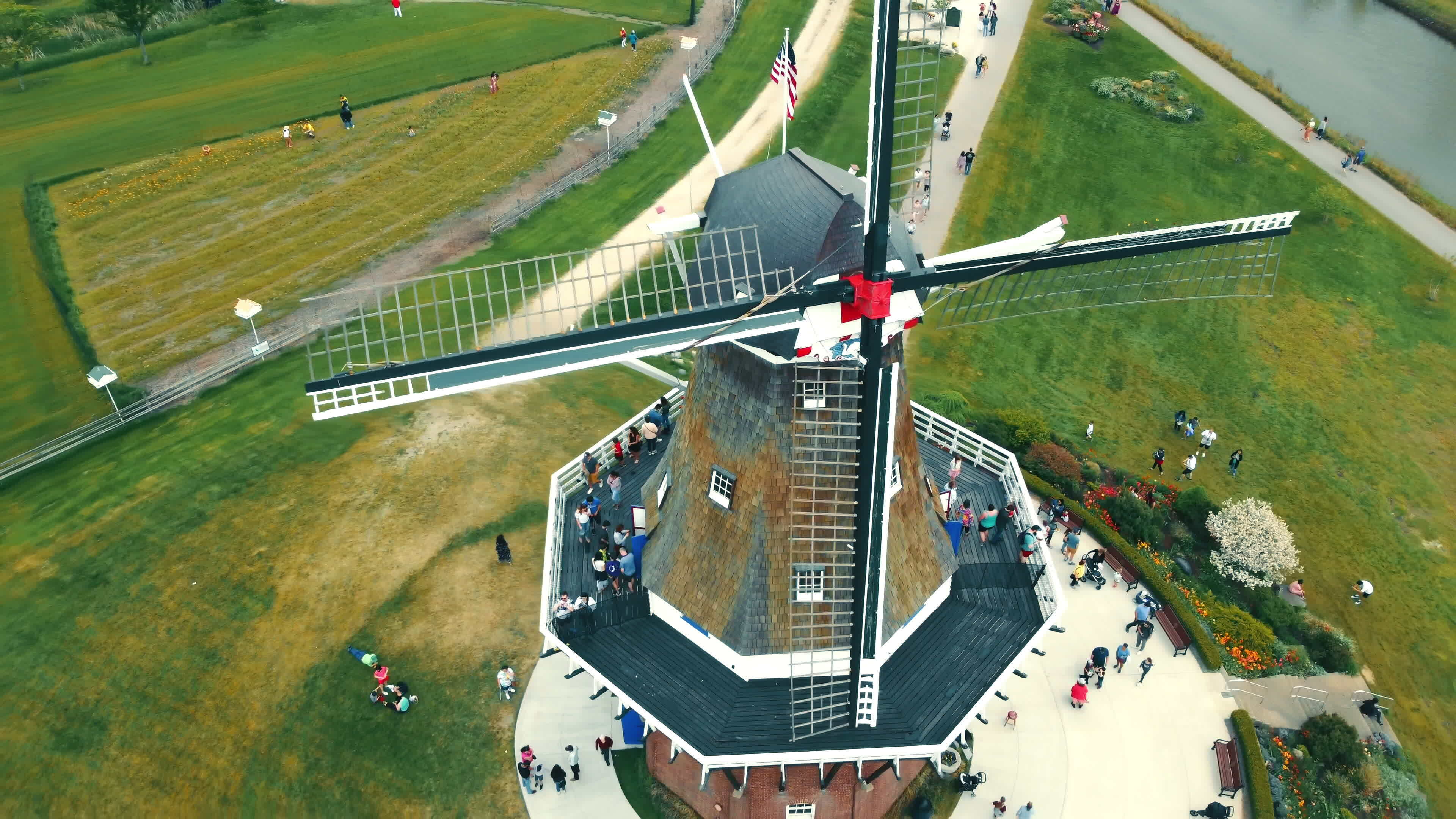 Holland, Michigan, USA 25.05.2022 Aerial flight over the windmill in