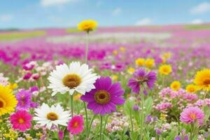 AI generated close up nature landscape flowers field. Pro Photo