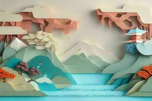 AI generated Japanese nature and landscape paper cut. Pro Photo