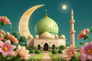 AI generated 3d render mosque, moon and flowers with pastel colors. Eid mubarak and Eid al adha. Pro Photo