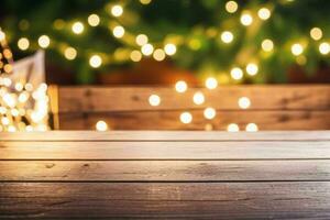 AI generated wood table in front of christmas light night, abstract circular bokeh background. Pro Photo