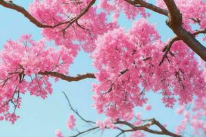 AI generated Pink spring leaves, branches, and flowers background. Pro Photo