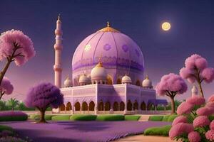 AI generated 3d render mosque, moon and flowers with pastel colors. Eid mubarak and Eid al adha. Pro Photo