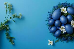 AI generated Easter egg day concept background spring leaves, branches, and flowers with copy space. Pro Photo