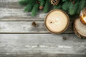 ai generado Navidad antecedentes en rústico de madera mesa. Pro foto