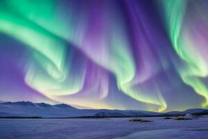 AI generated landscape photography of Aurora borealis in the sky background. Pro Photo