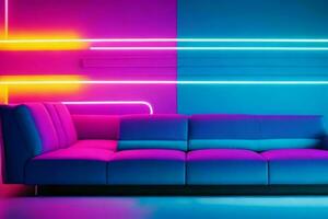 AI generated empty neon light wall minimalist room interior with sofa on the middle with copy space. Pro Photo